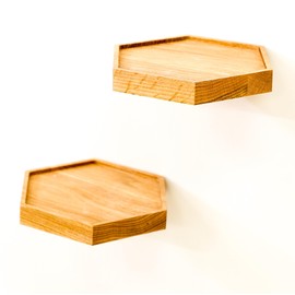 Hexagon Floating Shelves for Wall (Set of 2). Small Sturdy Oak Wood Shelf for a Stylish Display and Storage Solution. Use for Ornaments, Plants, Stationery, Candle, Trophy and Jewlry. 7.9x6.8 inches