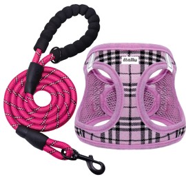 Maiiu Dog Harness and Leash Set, No Pull Adjustable Reflective Step-in Puppy Harness with Padded Air Mesh for Small Medium Dogs and Cats(S, Pink Checkered)