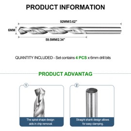 METALLIXITY Drill Bit (6mm) 4Pcs, 4241 High-Speed Steel Straight Shank Uncoated (Bright) 118° for Wood Plastic Iron Copper Aluminum Low Soft Metal