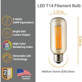 Diodesy- Pack of 6 T14/LED/FS/6W/22K/AMBER/127MM LED Vintage Edison Filament Tubular Light Bulb, 6W (60W Equivalent), 2200K Amber Light, Dimmable, E26 Antique Glass for Wall Sconces, Ceiling Fan, UL