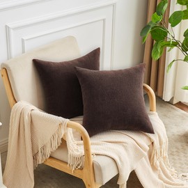 GAWAMAY Decorative Square Throw Pillow Covers 22x22 Inch Set of 2, Super Soft Chenille Pillows Farmhouse Fall Pillowcase for Living Room Bedroom Sofa Couch Cushion Cover Brown 55x55cm (No Insert)