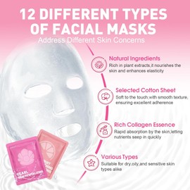 KONEUK 12 Pack Collagen Moisturizing Face Mask Skincare Sheet for All Skin Types Facial Set for Women's Skincare Bulk Spa Gift for Women Pattern Name / 코네욱 12팩 콜라겐 보습 페이스 마스크 스킨케어 모든 피부 타입을 위한 시트 여성 스킨케어용 페이셜 세트 여성용 벌크 스파 선물 Pattern Name