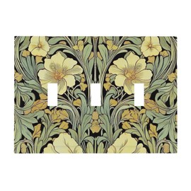 CZRPKEN William Morris Golden Green Florals Light Switch Cover Plate Vintage Botanical Leaf Motif 3 Gang Decorative Wall Plate Triple Toggle Switchplate Electrical Faceplate Conservatory Style