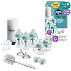 Tommee Tippee Set Biberones, Calentador y Chupones Anticólicos, 0m+ | 14 Piezas, 5 Biberones Libres de BPA, Calentador de Viaje, 2 Chupones Recién Nac