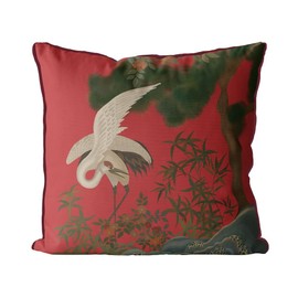 Kelly Stevens-McLaughlan, Crane Garden 3 Chinoiserie on Red Cushion / Pillow Cover, Zippered Base, Full Piping, 18 Inches x 18 Inches