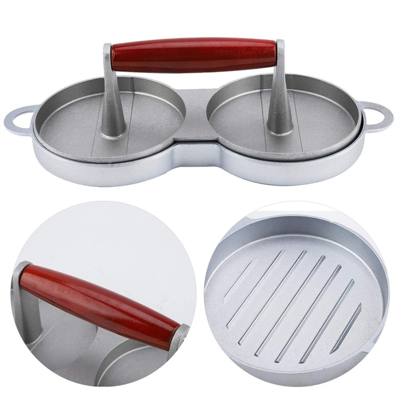 Non-Stick Double Burger Press Mould Aluminum Alloy with Wooden Handle