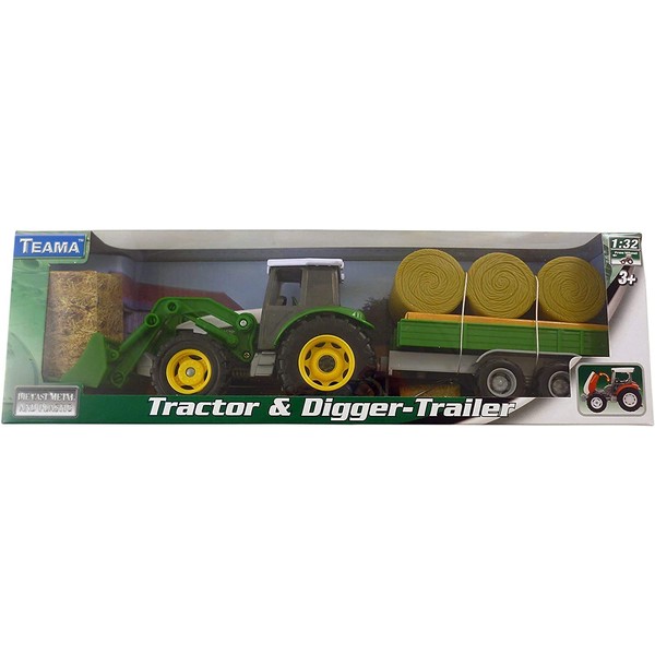 Toyland Green Tractor and Digger with Bale Trailer Set 1:32