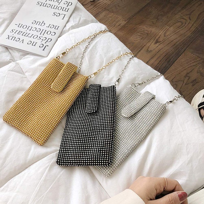 TENDYCOCO Vertical Cellphone Pouch Bag Mini Crystal for Women (Black),