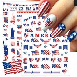 IDDFEVE 12 Sheets 4th of July Nail Stickers, USA Independence Day Patriotic Nail Decals, 3D Design Self-Adhesive Flag Star Nail Art