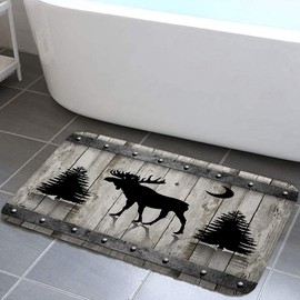 Rustic Wood Board Bath Rugs for Bathroom, Vintage Farmhouse Animal Elk Moose Deer Forest Pine Tree Moon, Non Slip Flannel Bathroom Rug, Dry Fast Water Absorbent Bath Mats, 17X29Inch