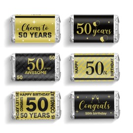 Tenare 90 Pcs 50th Birthday Party Favors Candy Wrappers Black and Gold Stickers Mini Chocolate Label 50th Birthday Decorations for Men Anniversary Party Supplies