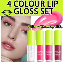 Fusang 4 Colors Lip Oil Lip Tint Set,Shiny Plumping Lip Gloss Set with Big Brush Head,Moisturizing Non-sticky Lip Glow Oil Makeup Gift Set for Women(4 PCS)