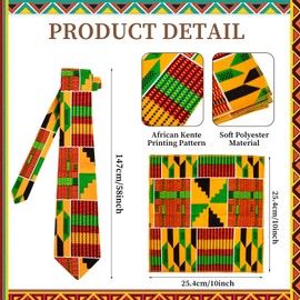 African Print Necktie for Men 3PC Kente Neck Ties Hat Pocket Square Set,Black History Month Accessories for Men