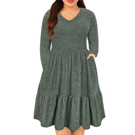 CARCOS Plus Size Dress for Women Green Long Sleeve Sweater Dress 2024 V Neck Elegant Tshirt Dress with Pocket Ruffle Swing Mini Fall Lightweight Winter Dress 2XL 18W 20W