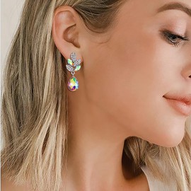 EVER FAITH Rhinestone Crystal Wedding Leaf Flower Teardrop Pierced Dangle Earrings for Woman Iridescent AB Silver-Tone