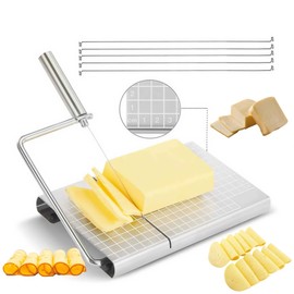 HHLZDHH Cheese Slicer Stainless Steel & 5 Replacement Wires, Metal Cheese Cutter and Cutting Board For Block Cheese，Cake, Butter