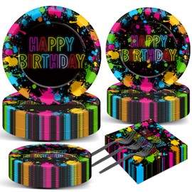 Qyeahkj 200Pcs Neon Party Paper Plate and Napkins Neon Birthday Party Decorations Glow in the Dark Birthday Paper Supplies Disposable Glow Tableware Dinnerware Set for Party Favors 50 Guests