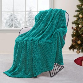 Exclusivo Mezcla Large Flannel Fleece Throw Blanket, 127x178 CM Sofa Throws, Soft Jacquard Weave Leaves Pattern Throws for Sofa, Teal Blanket