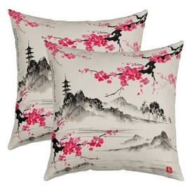 Set of 2 Japanese Style Throw Pillow Covers Japanese Ukiyoe Cushion Case for Home Living Room Decor Reversible Sakura Flower Traditional Retro Theme Pink Decorative Throw Cushion Case 16x16 Inch