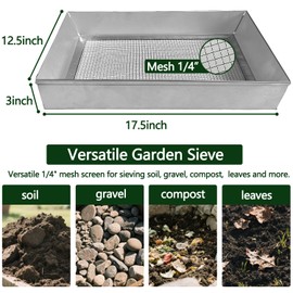 Large Steel Soil Sifter(17.5 x 12.5 inches),Dirt Sifter,Rock Sifter,Compost Sifter for Gardening, Garden Sieve for Compost Dirt Rocks Pellet Gravel Sand Leaves with 1/4" Mesh