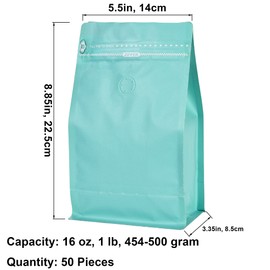 Blue Kraft Paper Coffee Bags with One Way Degassing Valve, Resealable Coffee Pouches with Flat Bottom & Pull Tab Zipper (50, 16oz, 1lb, 500gram)