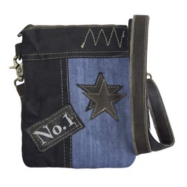 Sunsa Women's Small Shoulder Bag Sustainable Bag Made of Recycled Jeans & Leather Crossover Bag in Vintage Retro Style Shoulder Bag for Women or Girls, Blue Brown, Retro