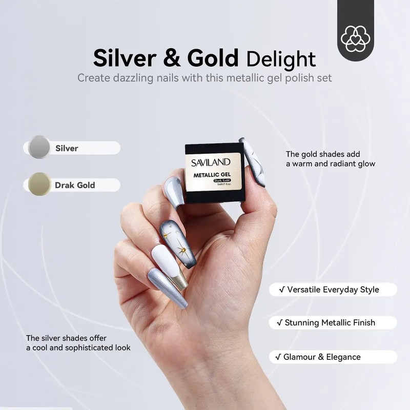 Gel Esmaltes De Uñas Efecto Metálico Saviland, Plata Y Oro