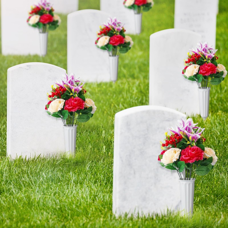 Tigeen 6 Sets Artificial Cemetery Flowers with Vase 54 Heads