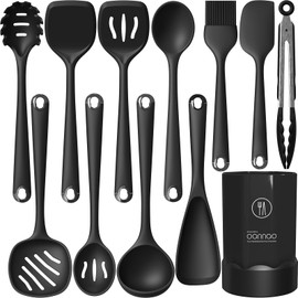 Silicone Kitchen Utensils Set, 600°F Heat Resistant Silicone Cooking Utensils, Spatula, Spoon, Whisk, Tongs, Kitchen Gadgets Tools Sets for Nonstick Cookware, Dishwasher Safe BPA Free (Black)