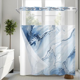 TYLCLTX No Hook Marble Shower Curtain with Snap in Liner RingLess Shower Curtain for Bathroom Light Blue Waterproof Fabric 71x74 inch