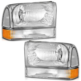 WEELMOTO Headlights Assembly for 99-04 Ford Super Duty F250 F350 F450 F550, for 00-04 Ford Excursion Sets Headlamp with Bumper Lamps Chrome Housing