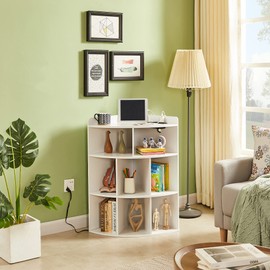 VECELO Corner Cabinet with Charging Station, 3-Tier Cube Storage Organizer with USB Ports and Outlets, Triangle Bookcases with 8 Cubbies for Playroom, Bedroom, Living Room, Pearl White