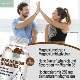Magnesium Komplex Gummibärchen - Magnesiumcitrat 1560mg + Magnesiumbisglycinat 600mg (davon 250mg elementares Magnesium) - Hohe Bioverfügbarkeit mit Vitamin B6 - Vegan, 60 Gummies, Colageschmack