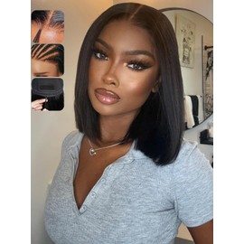 KLAIYI Bob Wig Human Hair Bye Bye Knots Glueless Wear and Go Wig with Drawstring Pre Cut 7x5 Lace Front Pre Plucked Bleached Short Straight Put on Go Beginner Wigs 3S Ready to Go Pre Everything 10Inch
