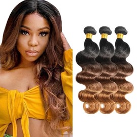 Bafamiya Bundles Human Hair Omber Body Human Hair Bundles Natural Chocolate Brown T1B/4/30 Human Hair Bundles Unprocessed Brazilian Wave Bundles Human Hair Quick Weave for Hair Extension