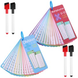 GSrenyu 30 Pcs Times Division Tables Flash Cards with 4 Dry Erase Pens, Resuable Multiplication Tables for Kids, Division Times Table Poppet 12x12, Math Practice Cards For Classroom Home