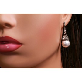 Vintage Marcasite with Pearl 14mm 925 Sterling Silver Dangling Post Earring. Vintage antique gift for her. 925 Stamped