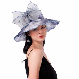MK MATT KEELY Women's Wedding Hats Ladies Wide Brim Sun Hat Oganza Dress Church Fascinator Hat with Removable Bowknot,Grey