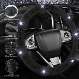 Soiftra Glitter Steering Wheel Cover, Universal Size 37-38 cm, Car Elastic Steering Wheel Protector, Glittering Diamonds, Black Rhinestones, Breathable, Non-Slip, Car Decoration Accessories for Most