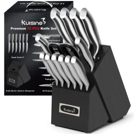 Kuisine Black 15-Piece High Carbon Stainless Steel Kitchen Knife Block Set Hollow Handle Chef Knife Set Built-In Knife Sharpenercolor: Black
