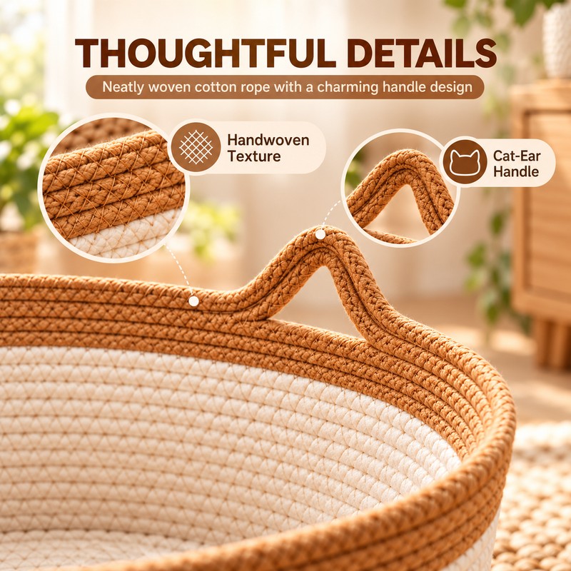 Interactive Woven Cat Bed with Toy Tail – 3-in-1 Cotton