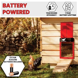 RUN-CHICKEN (RED) Automatic Chicken Coop Door Opener with Timer, Programmable Light Sensor, Battery Powered, Evening and Morning Delay, Aluminum Door, Model T50