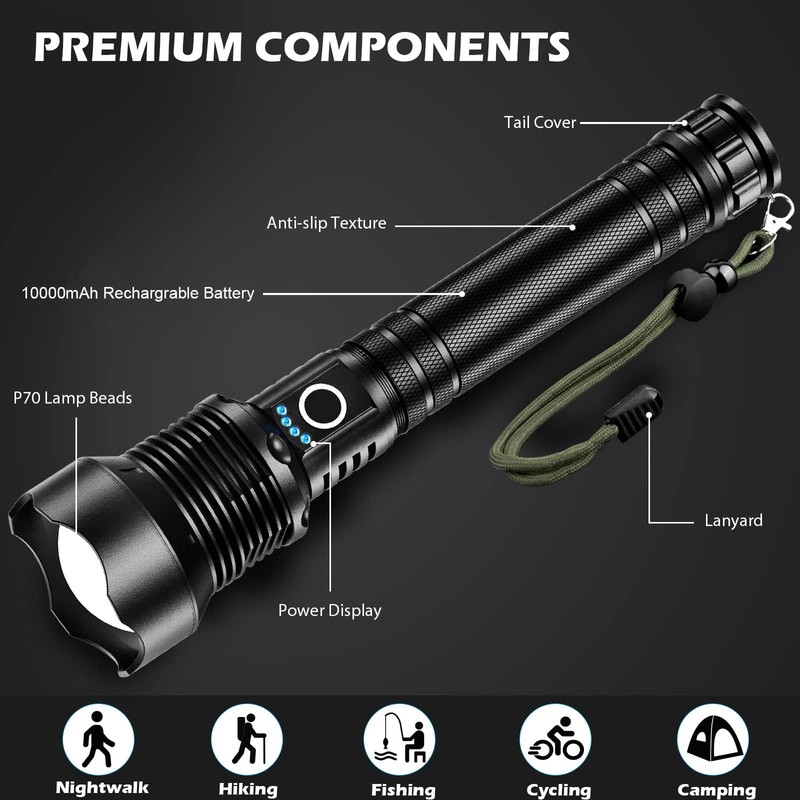 Rechargeable Flashlights 90,000 Lumens, Super Bright LED Flashlight High Lumens