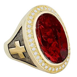 HKN1682 Designs Ruby Red Cubic Zirconia 14k Gold Plated Bishop Cross and Midre Ring Size 12
