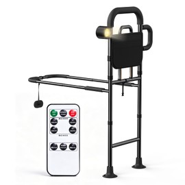 Bed Rails for Elderly Adults Safety with Remote Control Light - Height Adjustable Bed Assist Rail for Seniors, Stable Bedside Handle with Non-Slip Grip & Pocket, Fits King Queen Full Twin Bed
