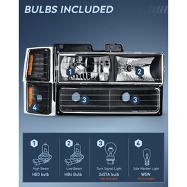 Nilight Headlight Assembly for 1994 1995 1996 1997 1998 Chevy Silverado Tahoe Suburban C10 C/K 1500 2500 3500 Replacement Headlamp Black Housing Amber Reflector Bumper Corner Lamp