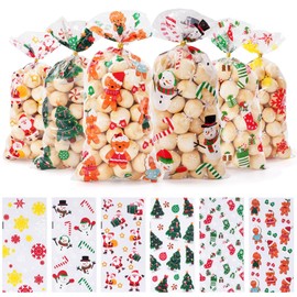 iefoah Christmas Treat Bags - 120pcs Clear Plastic Gift Bags with Twist Ties for Cookies, Candy Goodie Christmas Party Supplies