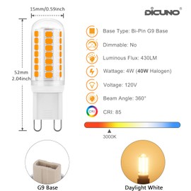 DiCUNO G9 LED Bulb, 4W (40W Equivalent), 3000K Warm White, 430 Lumens, 120V Bi-pin Ceramic Base, Non-Dimmable, Pack of 6