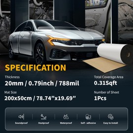 X AUTOHAUX 787mil 20mm 0.31sqft Car Sound Deadening Mat Aluminum Foil Heat Shield Material Self Adhesive for Hood Boat Engine Cover 78.74"x19.69" Silver Tone