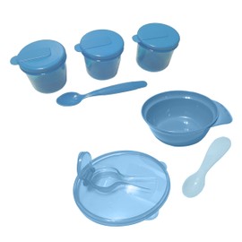 7Pcs Set of Blue Food Pots, BPA-Free Baby Bowls and Spoons, Easy-Grip Baby Feeding Utensils for Ages 12+M, Baby Feeding Accessories